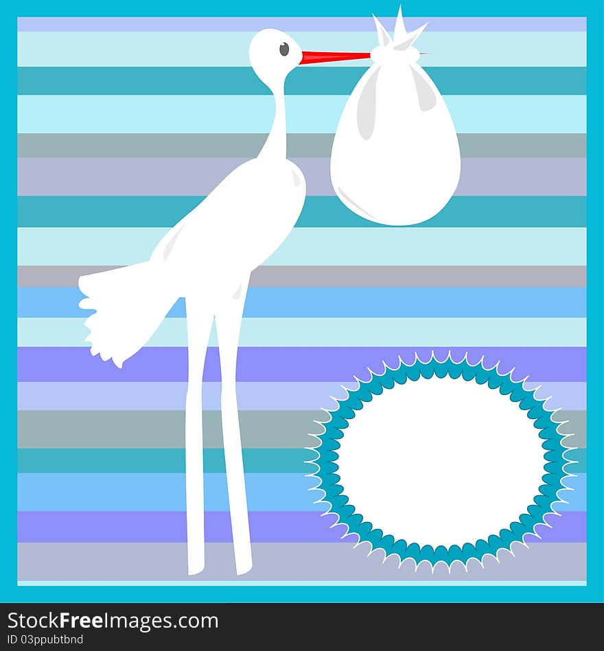 Stork delivering a baby on striped blue background