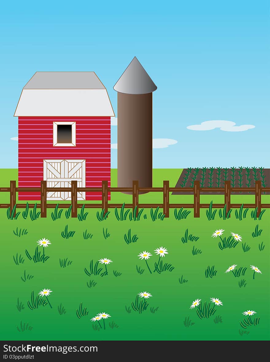 Rural farm scene with red barn, wooden fence, silo and crop field. Rural farm scene with red barn, wooden fence, silo and crop field