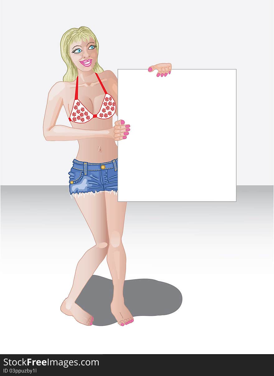 Blonde haired young woman in swimsuit top and jeans cutoff shorts holding blank sign for your text. Blonde haired young woman in swimsuit top and jeans cutoff shorts holding blank sign for your text.