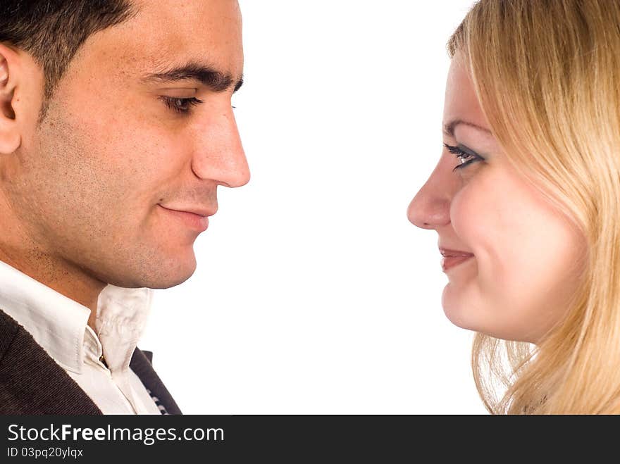 Portrait of a cute couple on a white. Portrait of a cute couple on a white