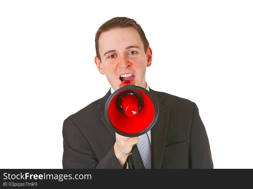 Businessman yelling through a megaphone isolated on white background