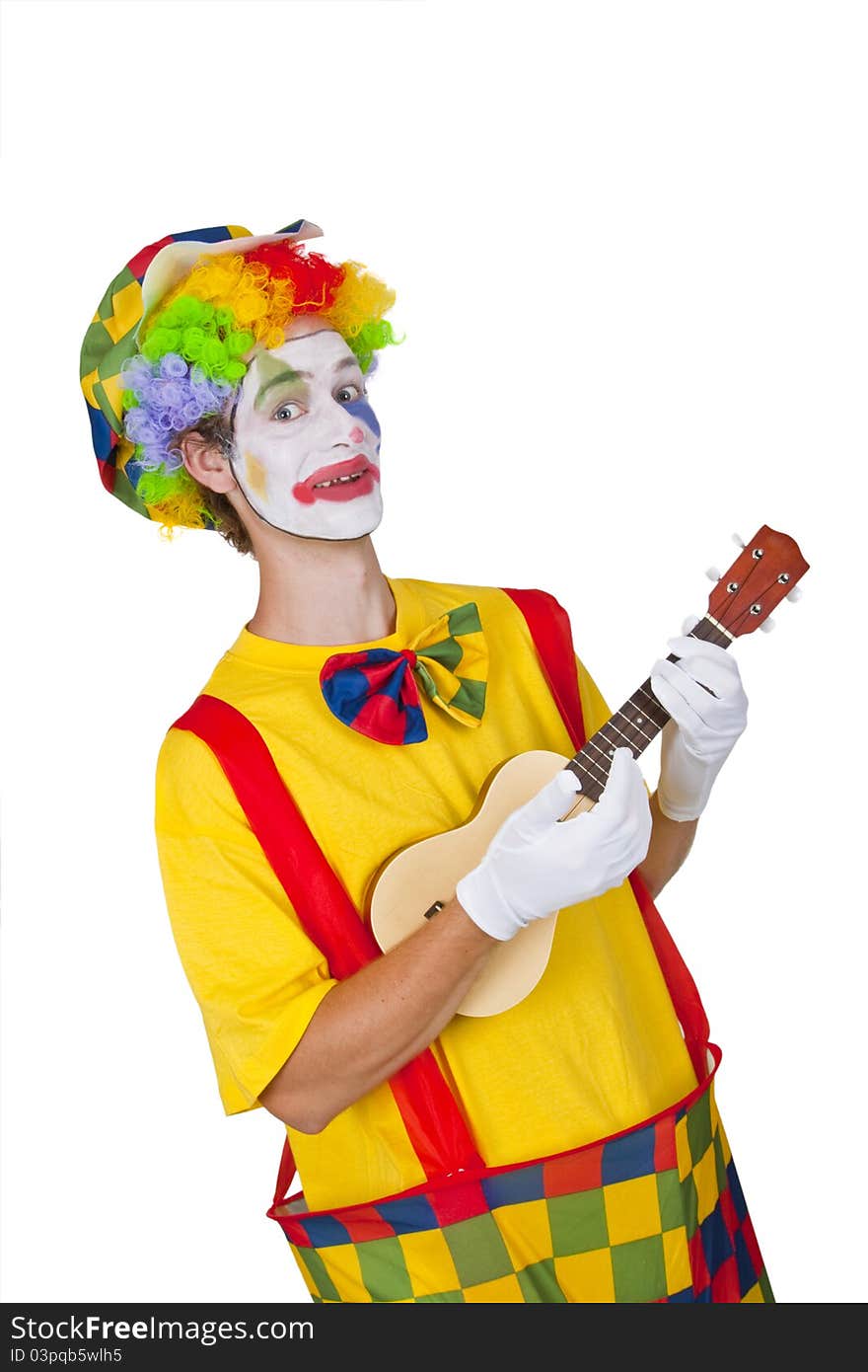 Colorful clown with ukulele isolated on white background