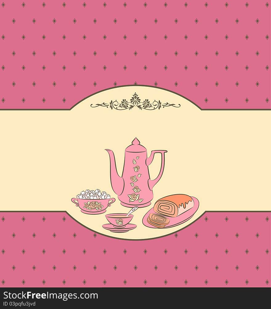 Vintage tea set and sweet cakes.illustration for a design