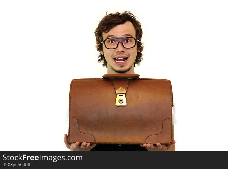 Surprised Businessman Holding The Brown Case.