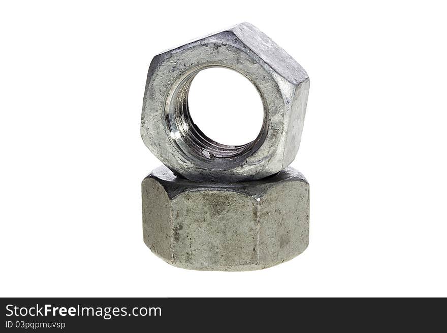 Two metal nuts isolated on a white background.