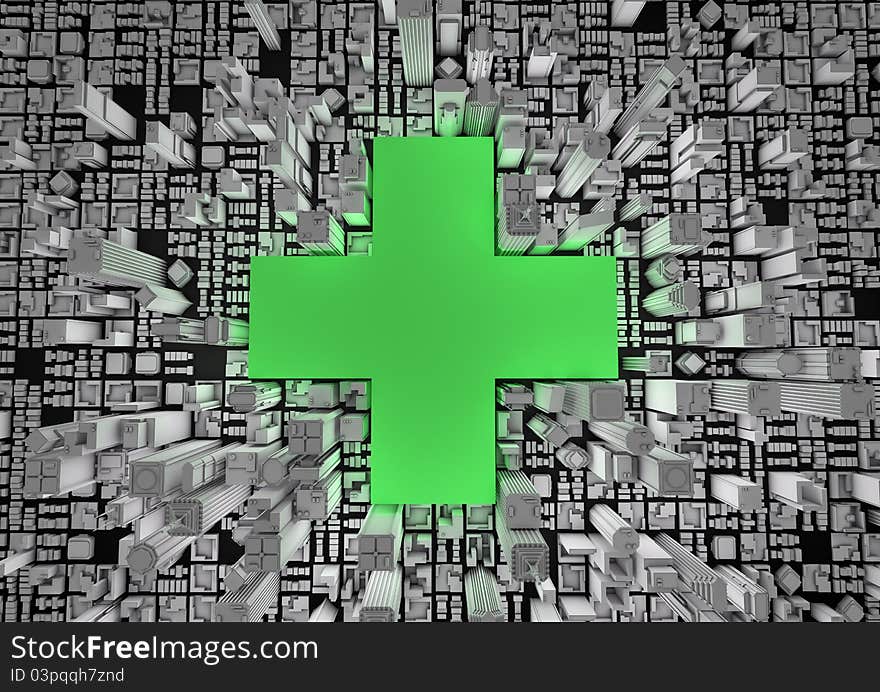 Render of a giant medical cross in the city. Render of a giant medical cross in the city