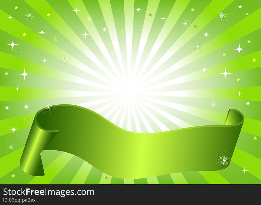 Abstract vector green frame with rays, stars and wave ribbon. Abstract vector green frame with rays, stars and wave ribbon