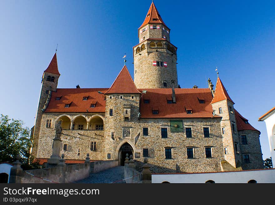 The romantic, pseudo-Gothic castle, where numerous fairy tales were filmed, gained its current look only in the early 20th century after full rebuilding of the dilapidated complex. The reconstruction was initiated by the Order of German Knights, which owned the castle in 1696-1939. The romantic, pseudo-Gothic castle, where numerous fairy tales were filmed, gained its current look only in the early 20th century after full rebuilding of the dilapidated complex. The reconstruction was initiated by the Order of German Knights, which owned the castle in 1696-1939