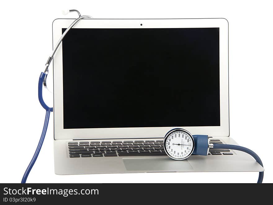 Modern popular laptop pc diagnostics doctor medical stethoscop support help isolated on a white background