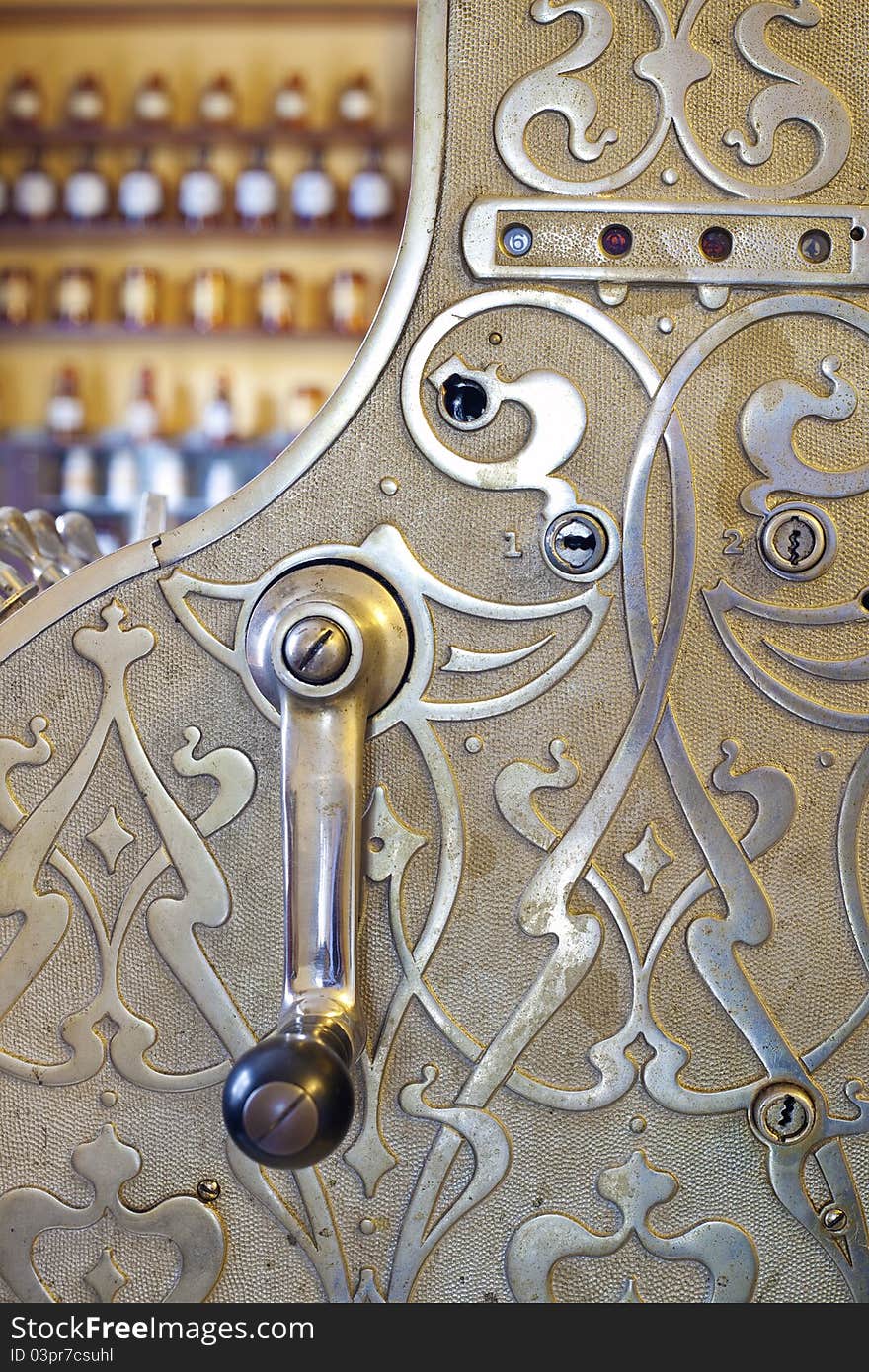 Close up details of engraved cash register in shop