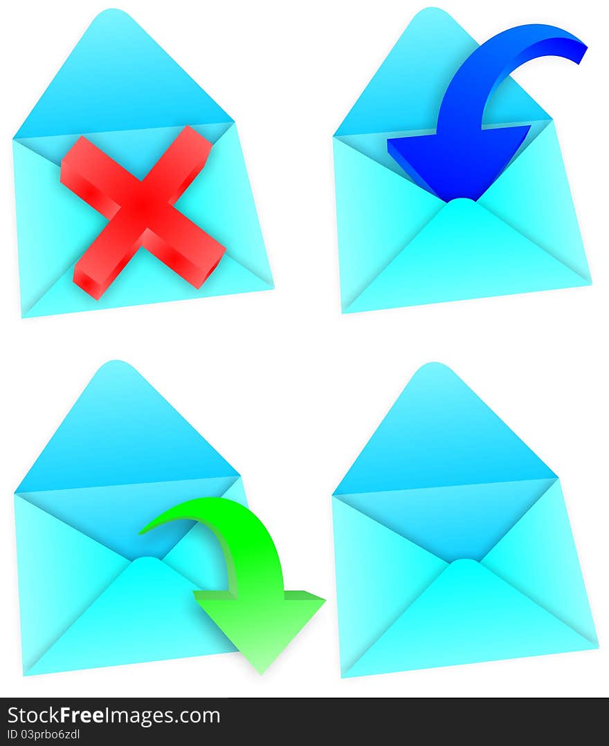 four blue envelope with a green arrow, red cross and a blue arrow. four blue envelope with a green arrow, red cross and a blue arrow