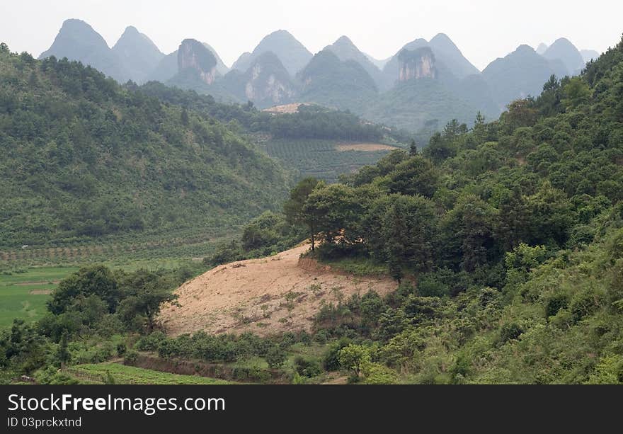 Mountain and rice fields of Yangshuo. China, Guilin, Asia.