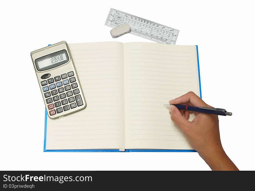 Hand Writing On Notebook With Calculator