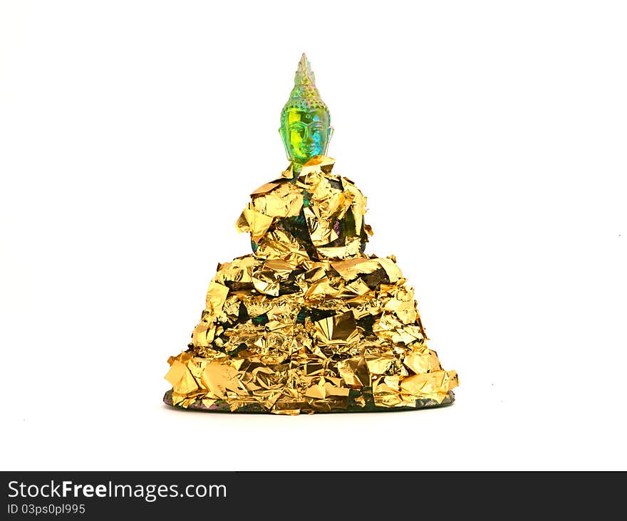 Green budha statue covered with gold paper isolated on white. Green budha statue covered with gold paper isolated on white