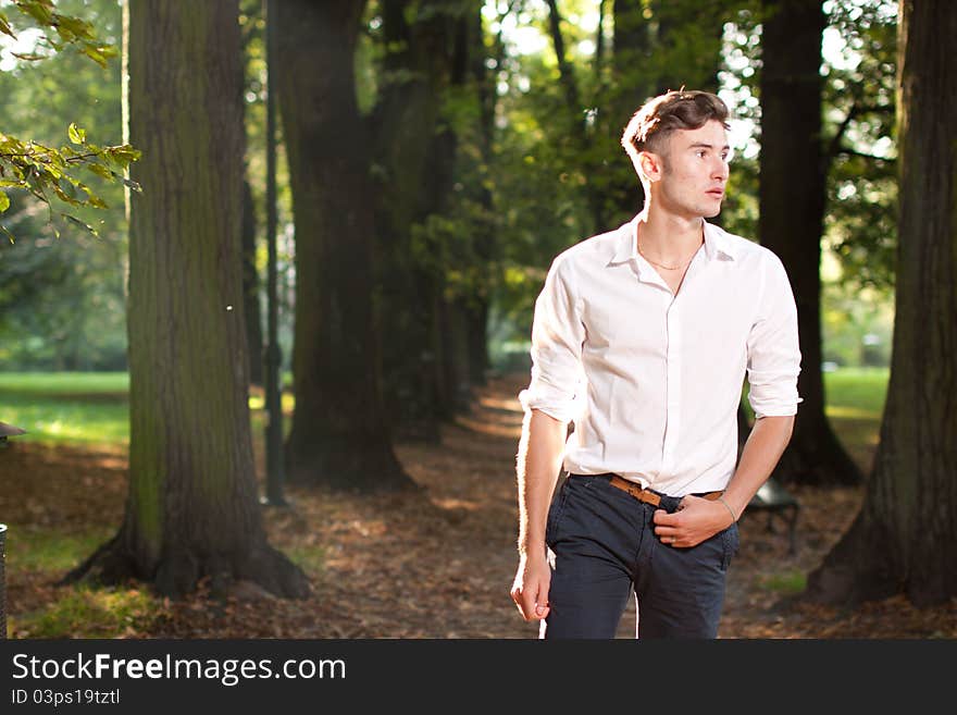 Man Walking In The Park At Sunrise