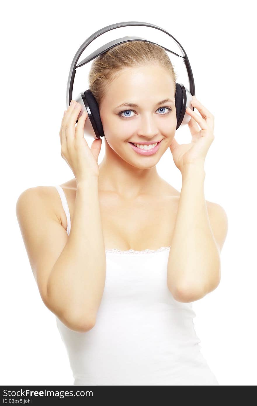 Girl Listening To Music On White