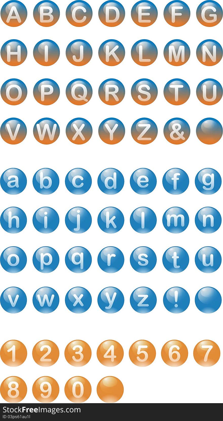 Buttons in the form of glass spheres of dark blue, orange and blue-orange color on which the English alphabet and figures is represented. Buttons in the form of glass spheres of dark blue, orange and blue-orange color on which the English alphabet and figures is represented