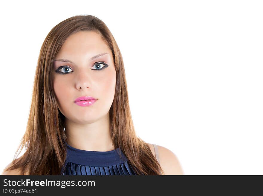 Beautiful girl with blue dress on a white background