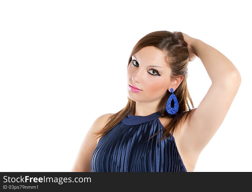 Beautiful girl with blue dress on a white background