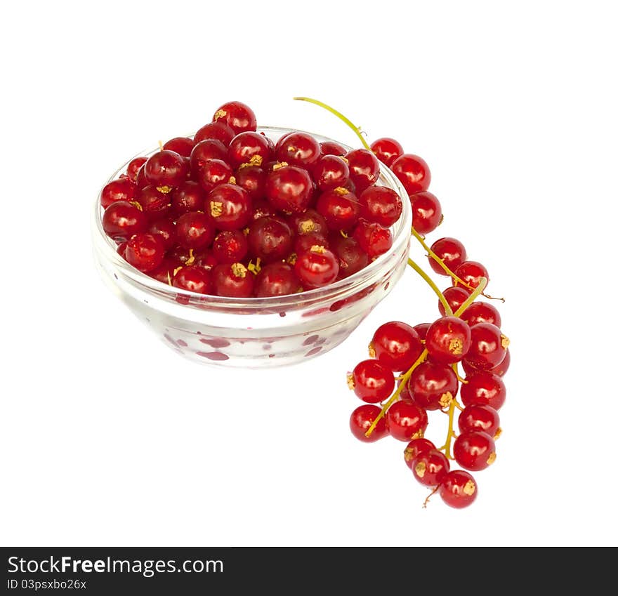 Glass bowl with fresh red currant, isolated on a white background. Glass bowl with fresh red currant, isolated on a white background