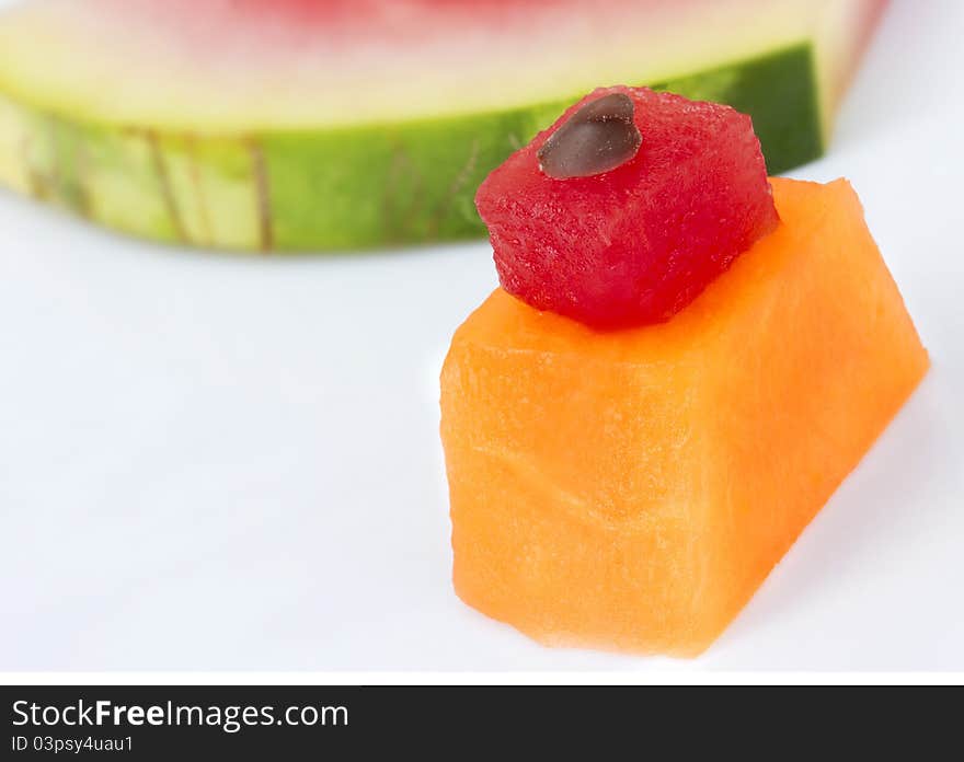 Macro Melons Cubes with Chocolate Chip topping. Macro Melons Cubes with Chocolate Chip topping