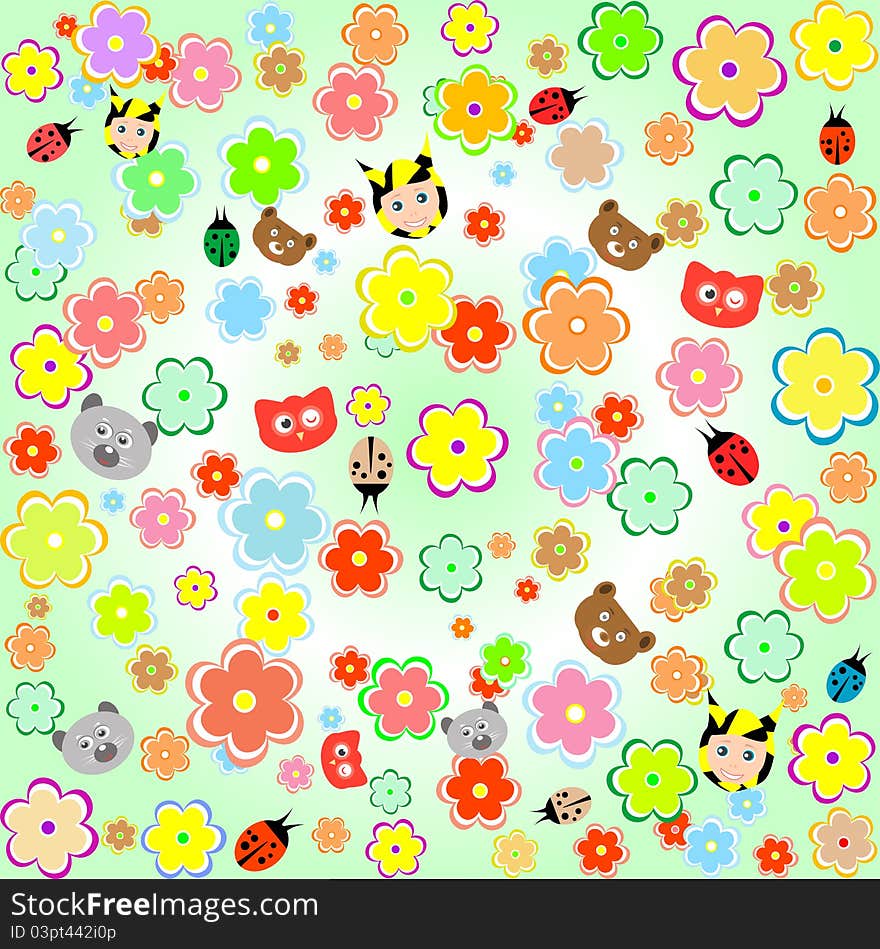 Beautiful background with cartoon animals and flowers wallpaper. Beautiful background with cartoon animals and flowers wallpaper