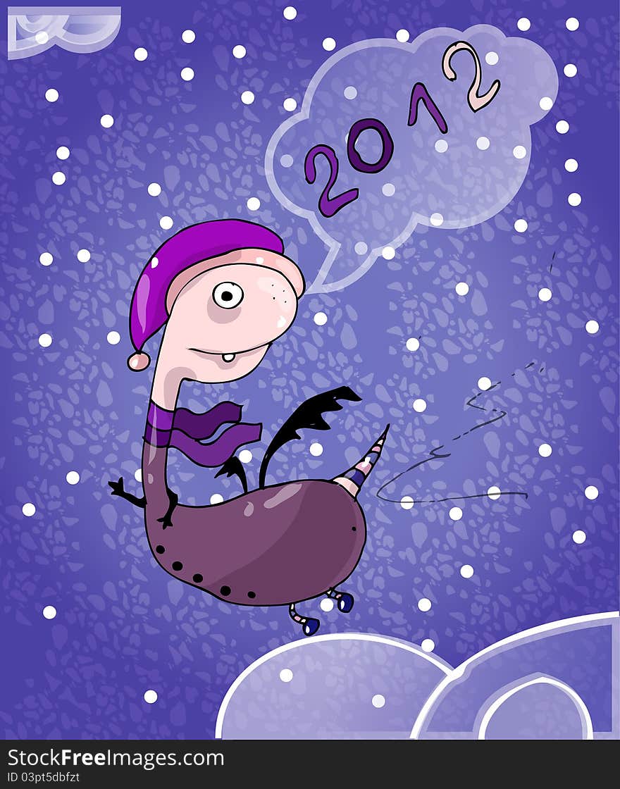 Cartoon dragon Ia purple scarf flying on the sky. Cartoon dragon Ia purple scarf flying on the sky