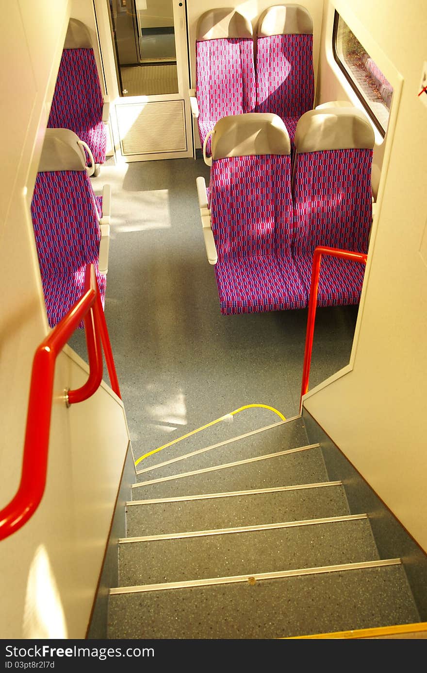 New czech train double-decker interior, view of staircase and seats. New czech train double-decker interior, view of staircase and seats.