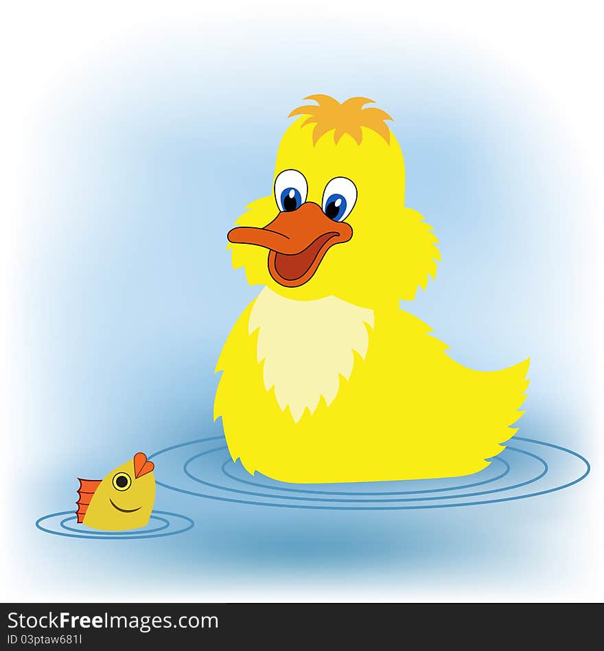 A yellow duckling speaks with coming up fish. A yellow duckling speaks with coming up fish