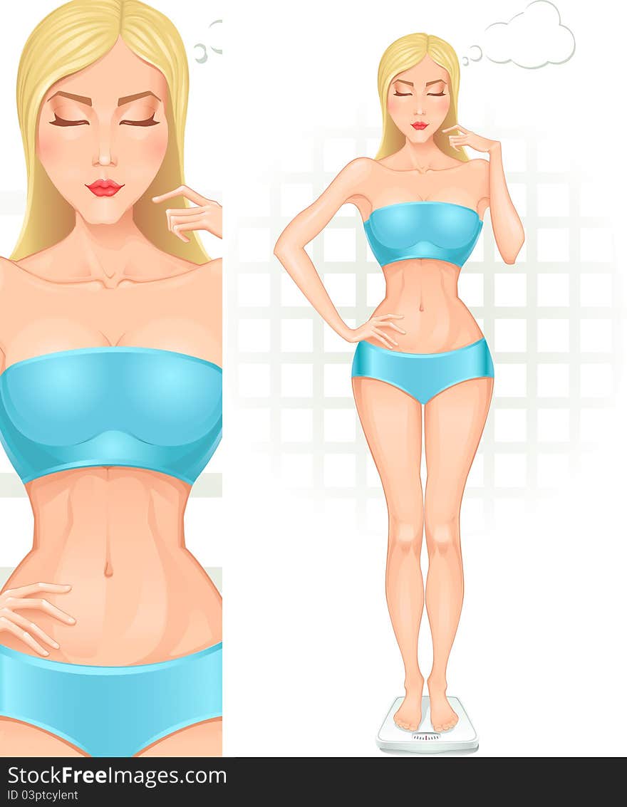 Girl in full growth weighing herself - Vector. With an enlarged preview.