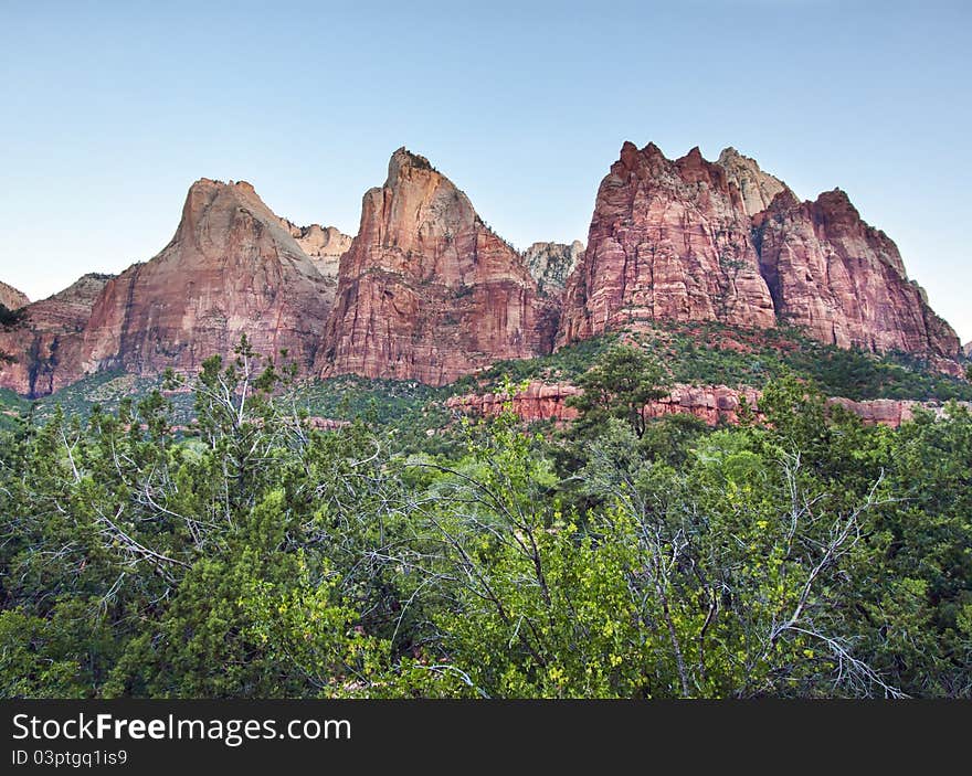 Sunrise over the Three Patriarchs in Zion Canyon National Park, Utah, USA