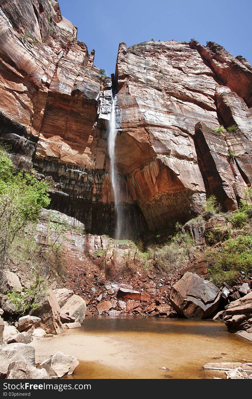 View of the waterfall in the Zion Canyon National Park, Utah, USA