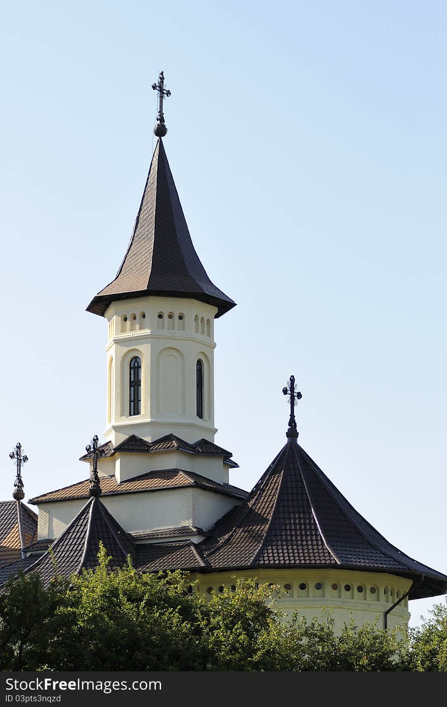 Exterior of romanian monastery towers