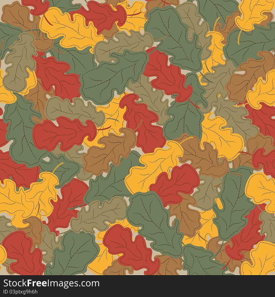 Abstract autumn background. Multi-colored oak leaves. Seamless pattern.