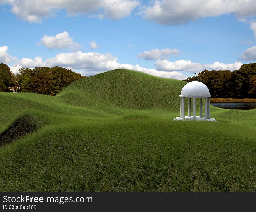 White temple in green grass