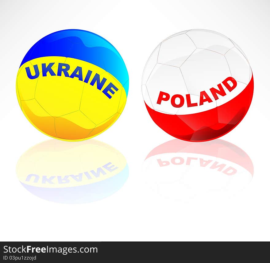 Two soccer balls with Ukraine and Poland flags isolated on white. Two soccer balls with Ukraine and Poland flags isolated on white.