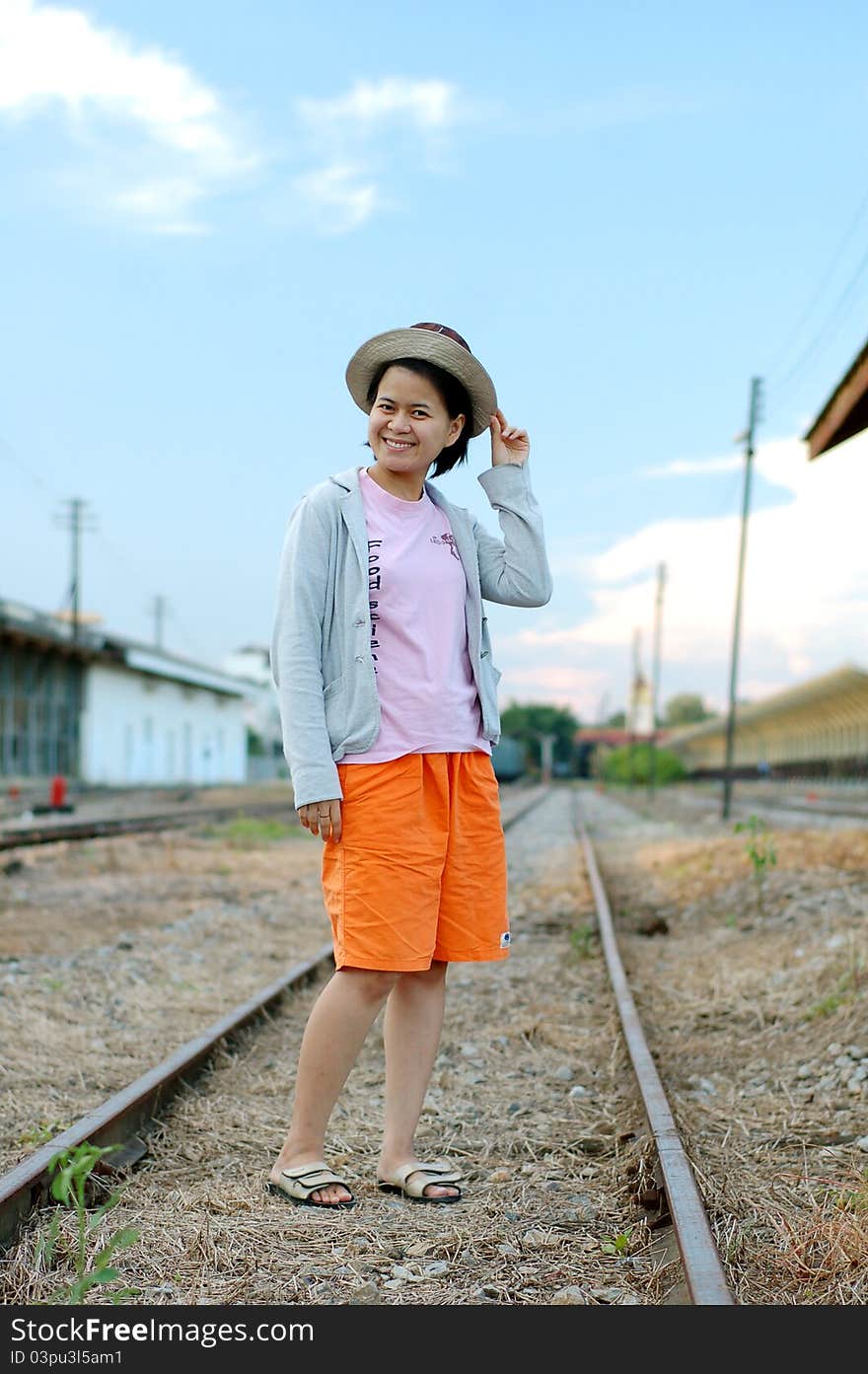 Portrait of Asian thai girl in a railway