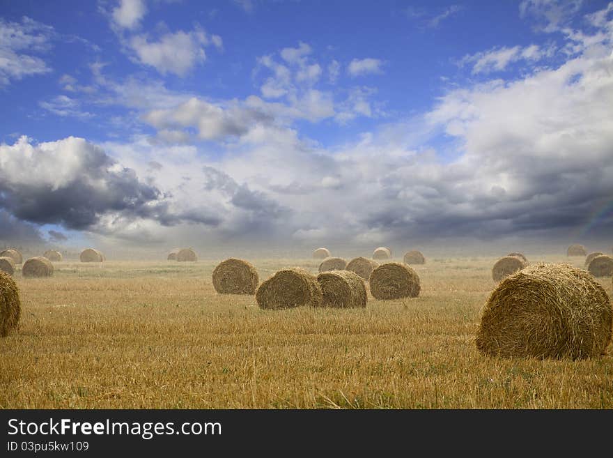 Straw bales on farmland with blue cloudy sky