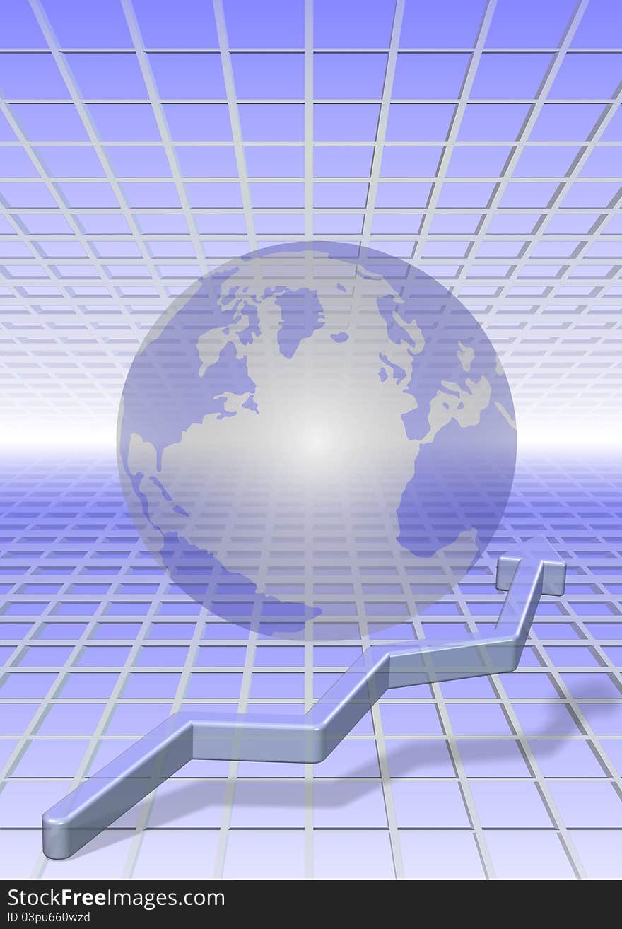 Transparent Earth with chart arrow and graphs in the background. Transparent Earth with chart arrow and graphs in the background