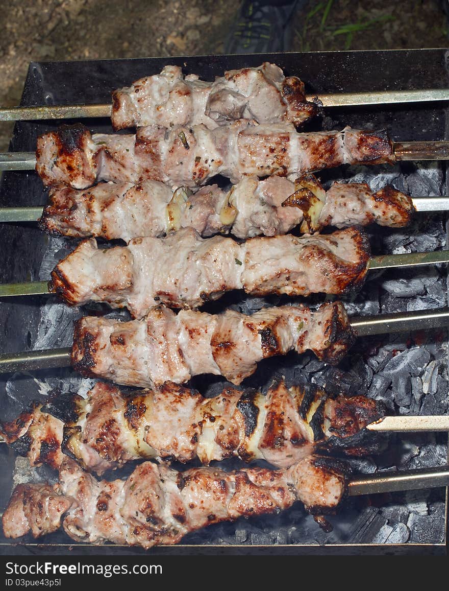 Shish kebab strung on a skewer