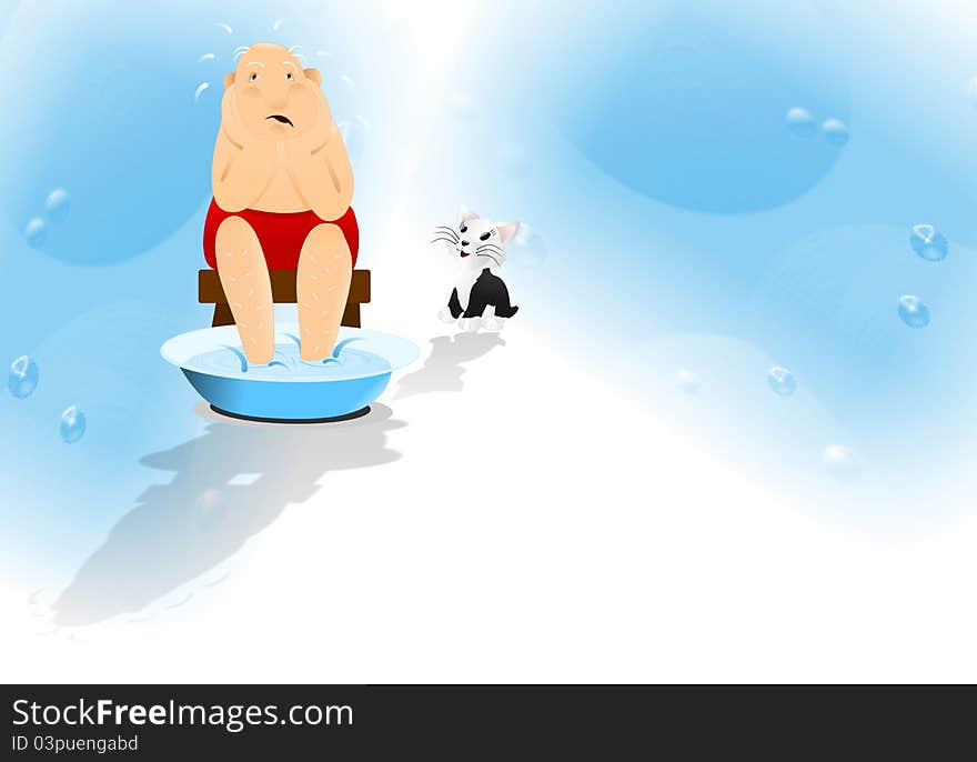 Old man with his legs in the basin with water and cat looking at him. Old man with his legs in the basin with water and cat looking at him