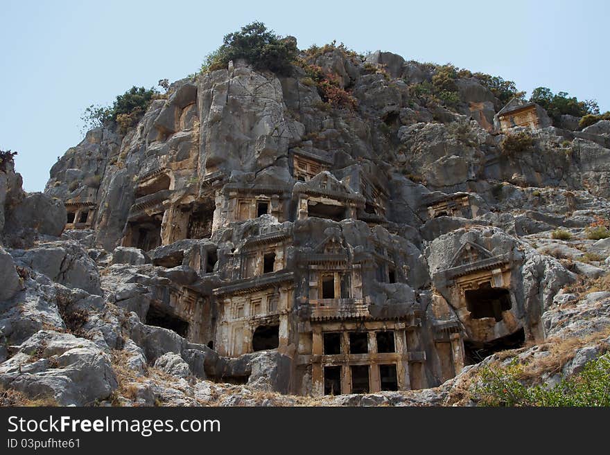 Historical tombs in the mountains near Myra town. Turkey. Historical tombs in the mountains near Myra town. Turkey.