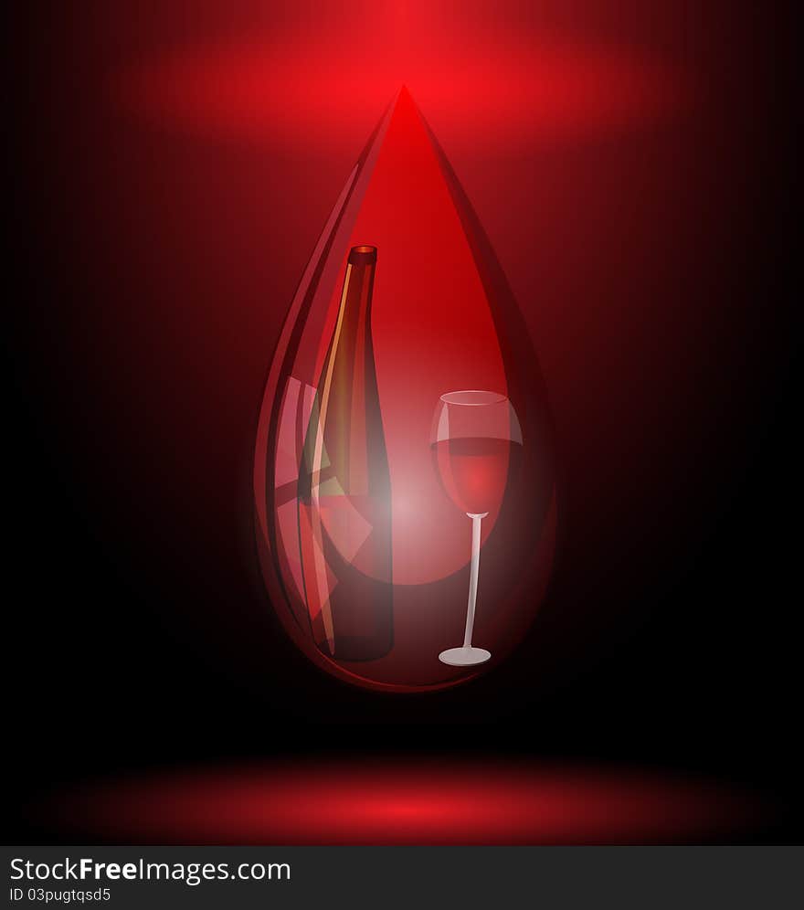 On a dark background is a large stylized drop of red wine. On a dark background is a large stylized drop of red wine