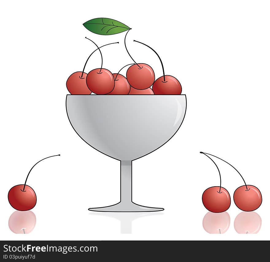 Cherry in bowl. Vector illustration.