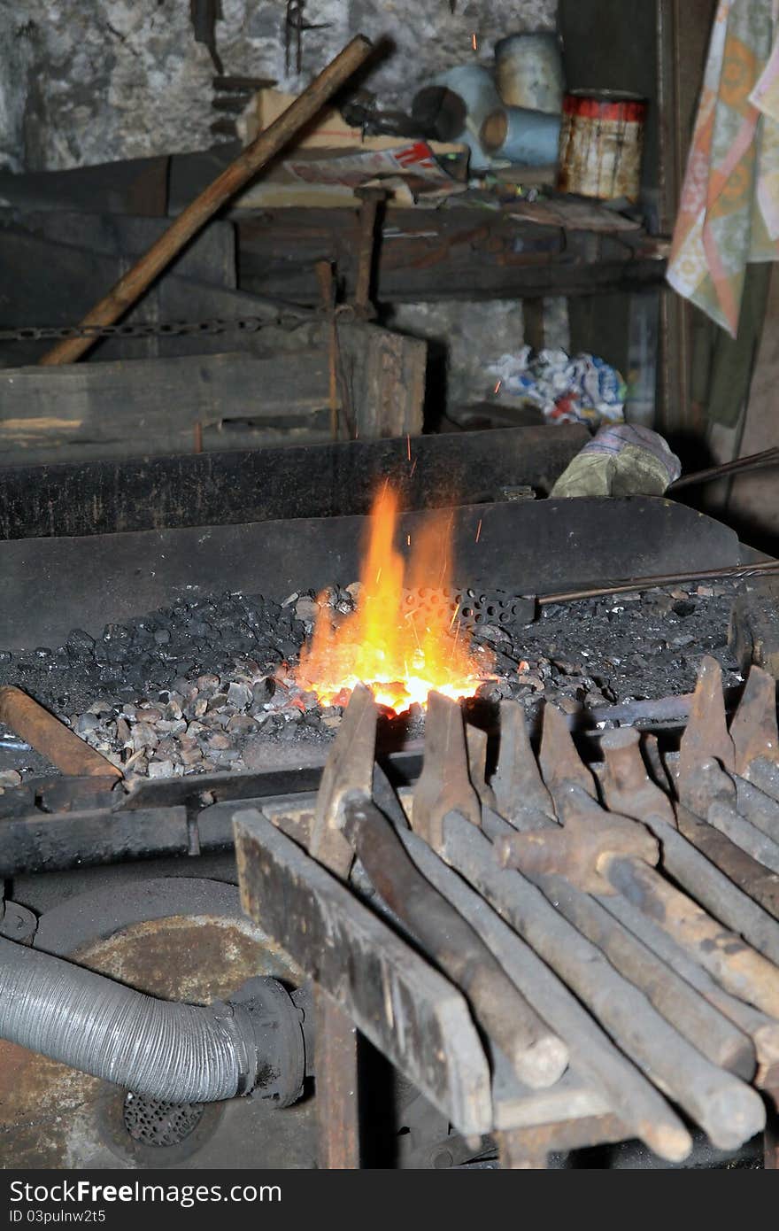 An blacksmith´s fire during work. An blacksmith´s fire during work