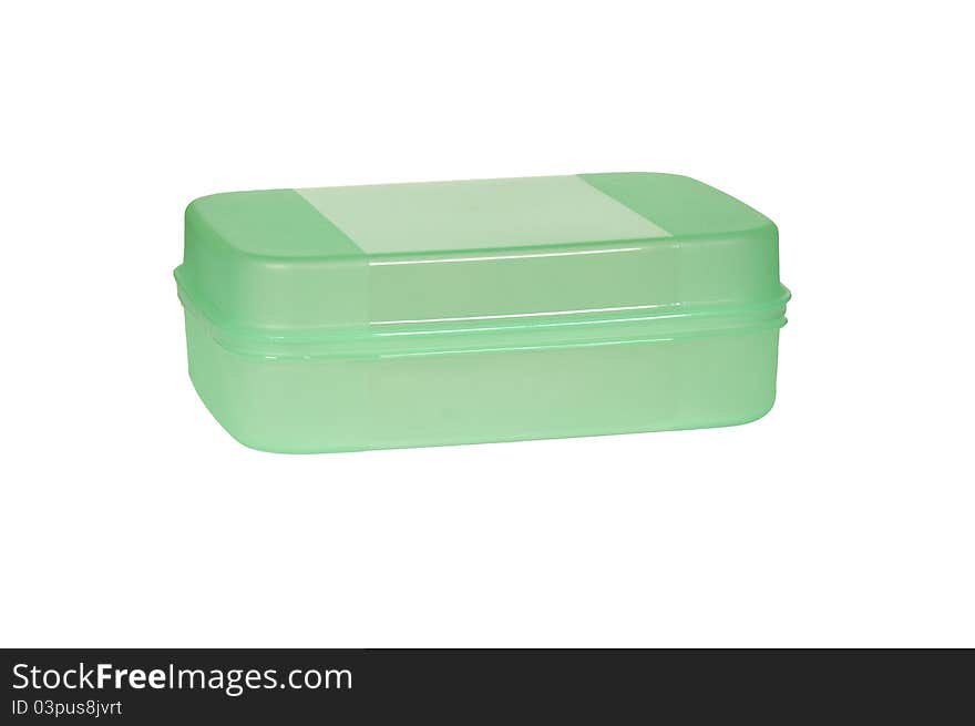 Isolated green plastic container, white background.