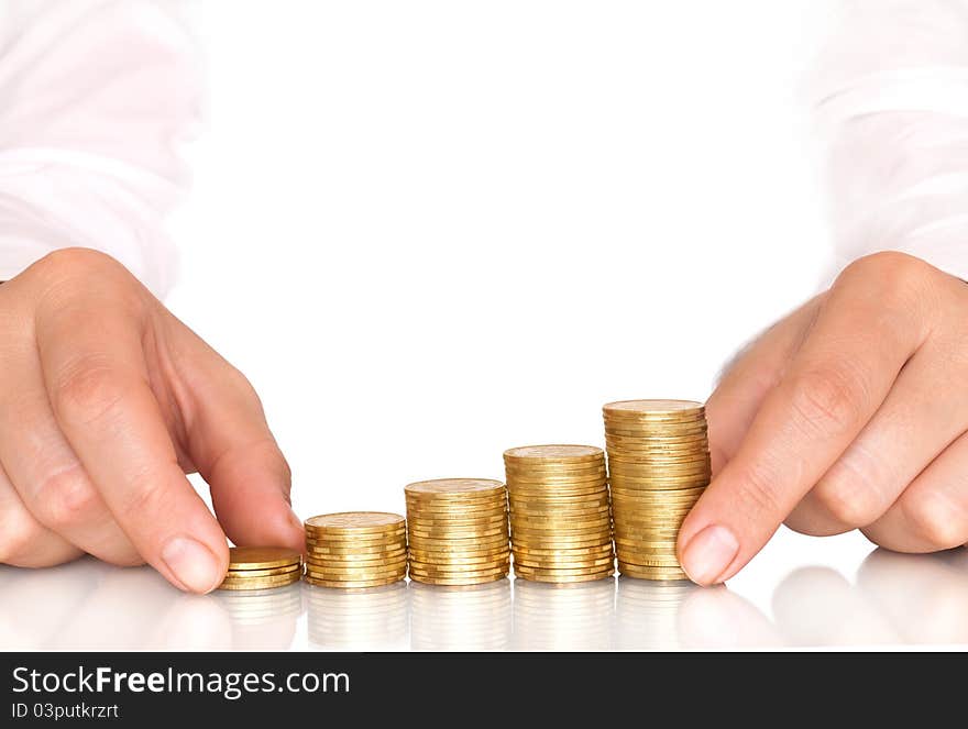 Coins diagram in hands with reflection and empty space for text