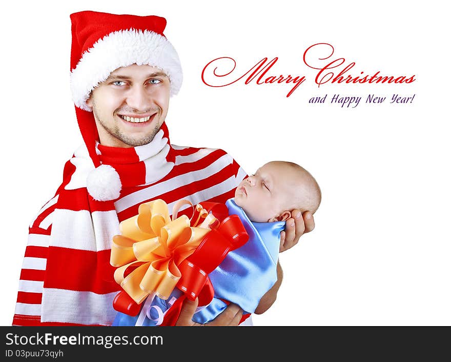 A men in a suit holding a Christmas a little child on a white background. A men in a suit holding a Christmas a little child on a white background