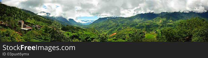 Sa Pa Valley in Northeast Vietnam, Lao Cai province. Home to the H'mong and other tribes. Rice production dominates the area. The local tribes use hemp to make their clothes and bags, and uses a natural leaf in the area to dye the hemp an indigo color. Therefore often called the Black H'mong people due to the dark color of their clothes. Though its decorated with many other bright colors