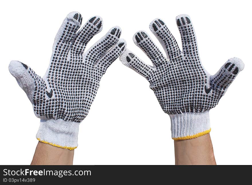 Hands in fabric protective gloves isolated on a white background